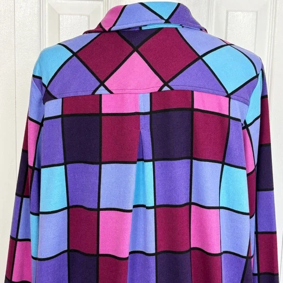 Denim & Co. Bold Colorful Check Print Knit Button Down Tunic Shirt 1X - Picture 15 of 16